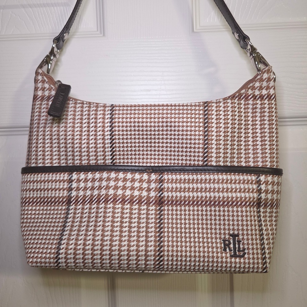 VTG Lauren Ralph Lauren Houndstooth Small Hobo Bag Tweed Brown Tan Y2K Preppy